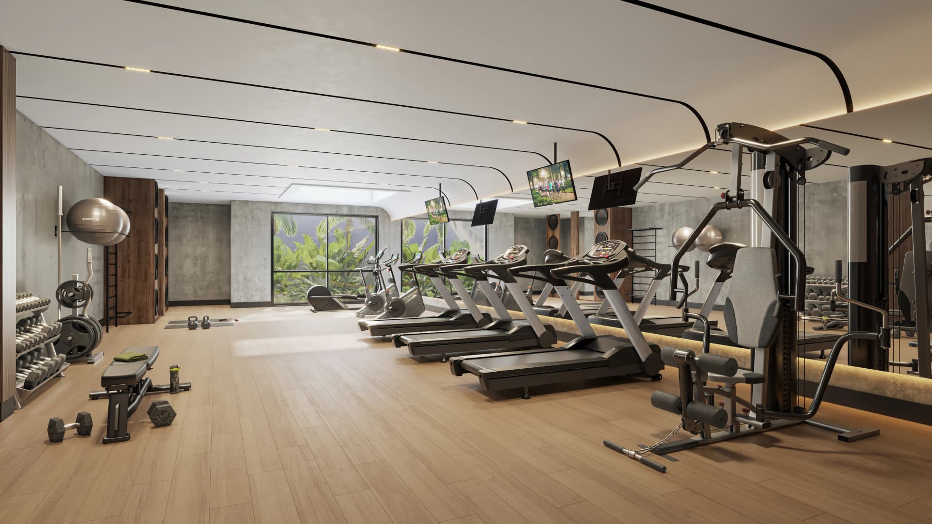 Área fitness equipada com esteiras, proporcionando conforto e praticidade para a prática de exercícios.