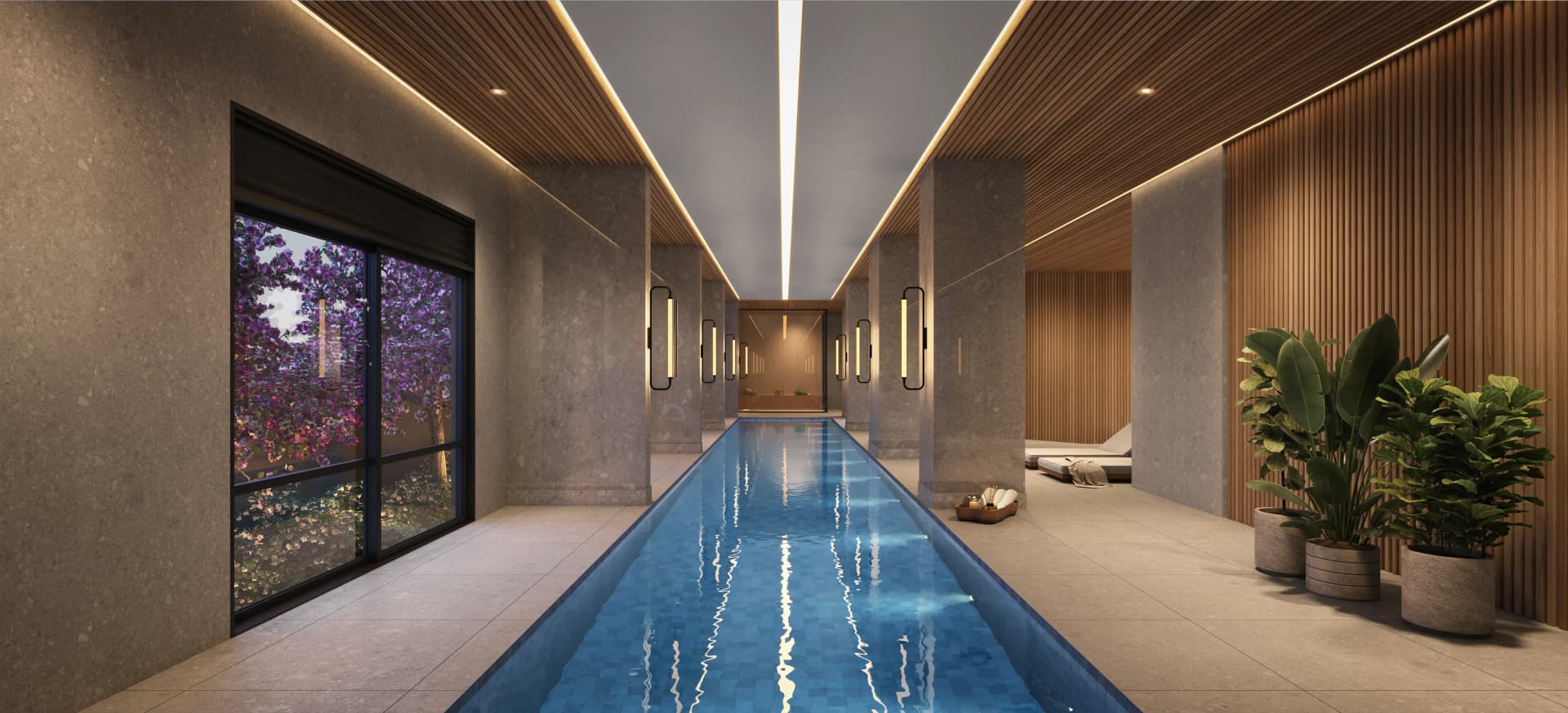 Piscina de descanso em ambiente interno, com iluminação em LED no forro que proporciona um ambiente acolhedor e relaxante.