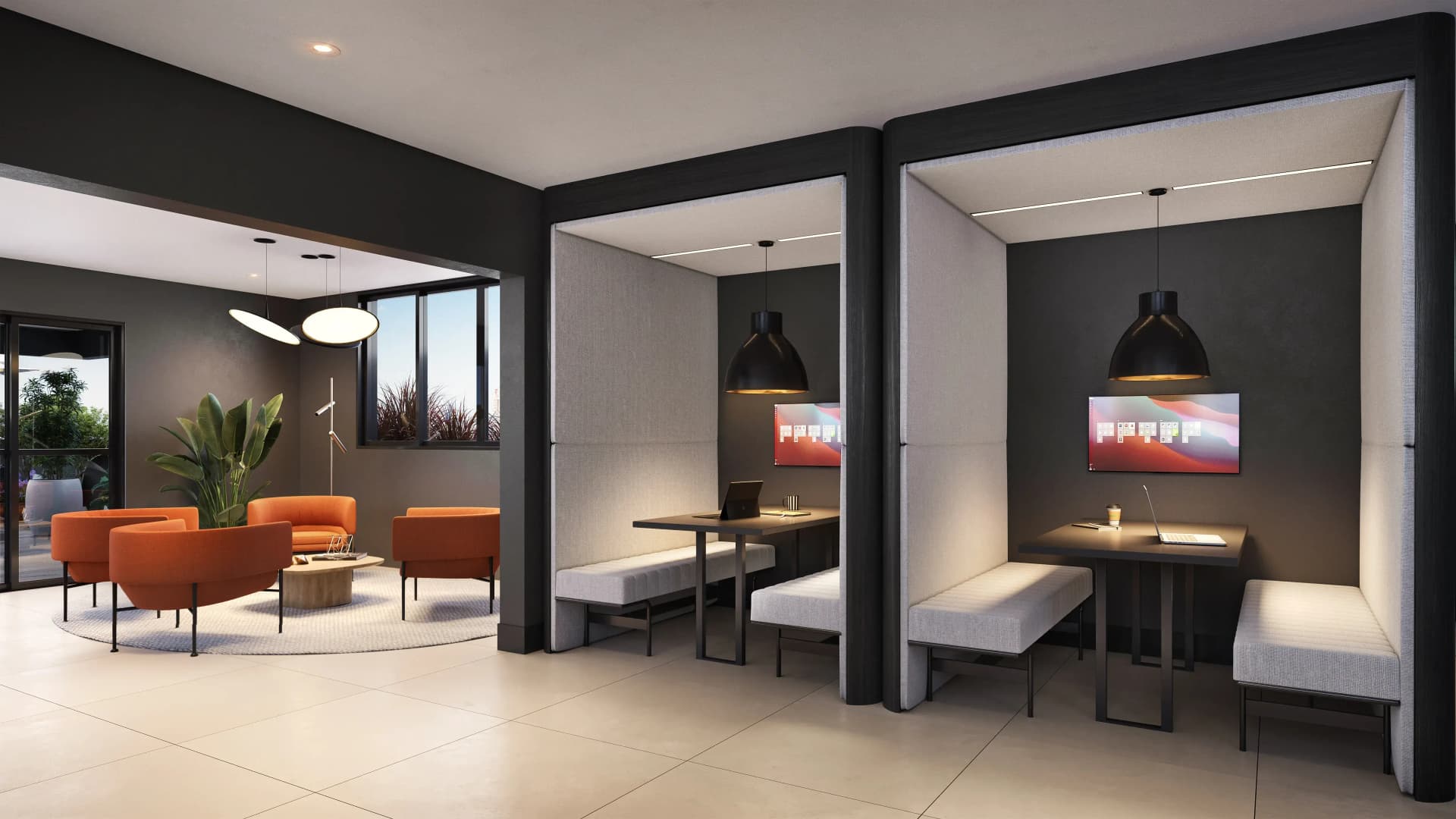 Lounge coworking com mesas e cadeiras, em um ambiente confortável e bem iluminado, ideal para trabalho e estudos.