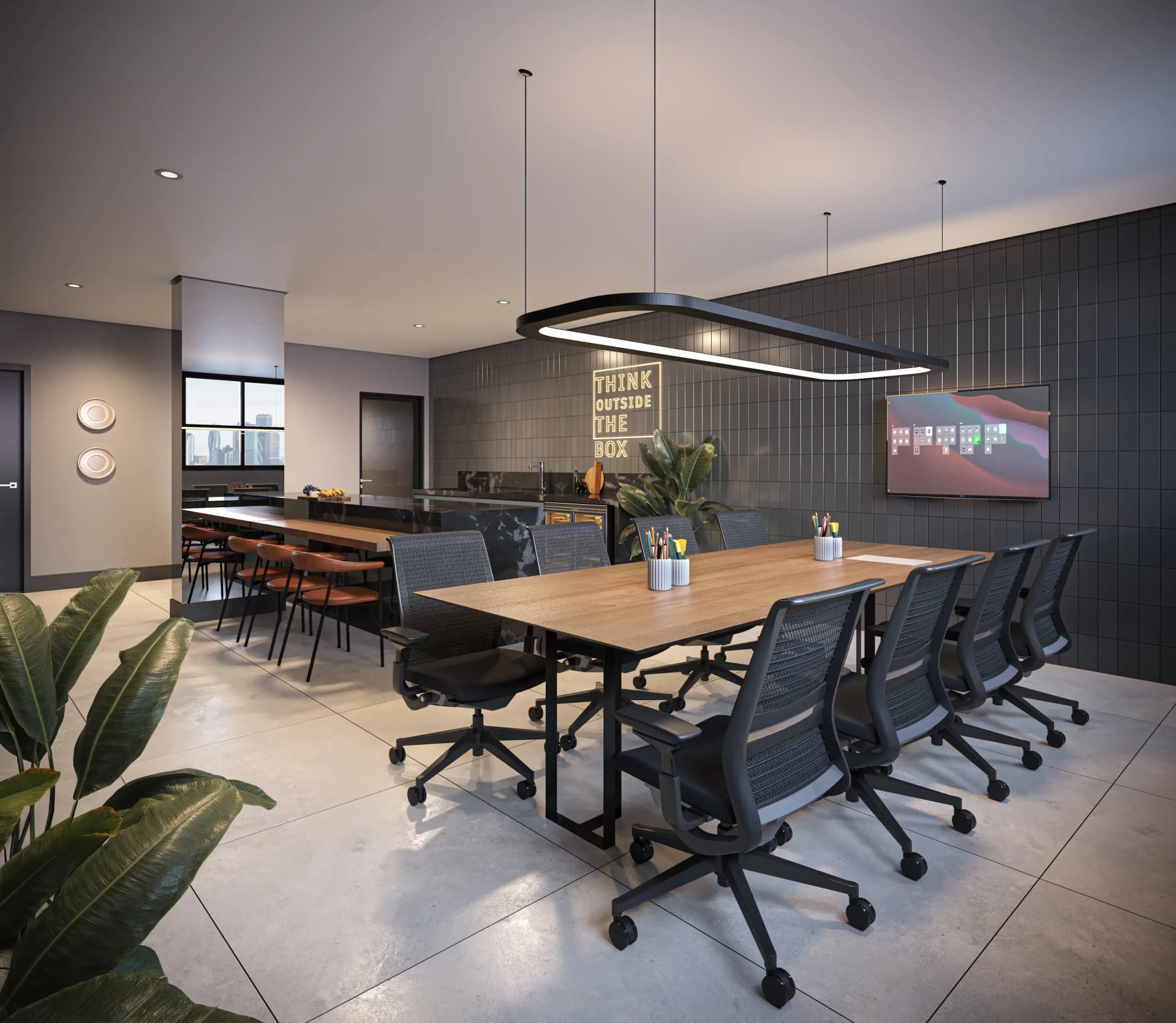 Lounge gourmet com mesa e cadeiras, em um ambiente confortável e acolhedor para momentos de convivência.